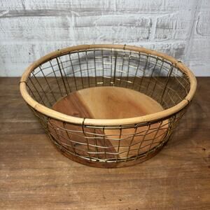 Gold Wire Basket w/ Wood Trim Made in India